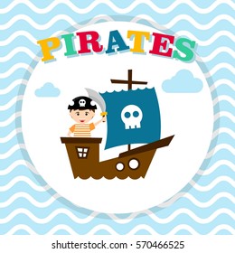 Kid in pirate costume poster. Birthday and party invitation card in pirate theme concept