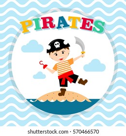 Kid in pirate costume poster. Birthday and party invitation card in pirate theme concept