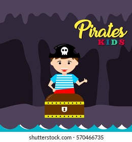 Kid in pirate costume poster. Birthday and party invitation card in pirate theme concept