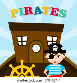 Kid in pirate costume poster. Birthday and party invitation card in pirate theme concept