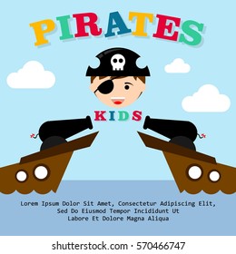 Kid in pirate costume poster. Birthday and party invitation card in pirate theme concept