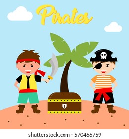 Kid in pirate costume poster. Birthday and party invitation card in pirate theme concept