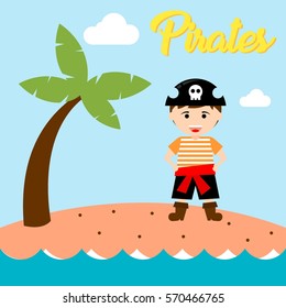 Kid in pirate costume poster. Birthday and party invitation card in pirate theme concept