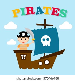 Kid in pirate costume poster. Birthday and party invitation card in pirate theme concept