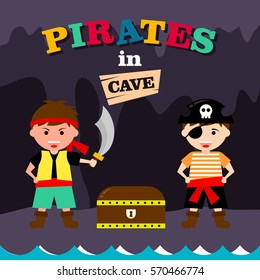 Kid in pirate costume poster. Birthday and party invitation card in pirate theme concept