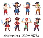 Kid pirate costumes. Child young pirates carnival costume, cartoon piratin fun character sea rover captain boy adventure sailor corsair girl buccaneer ingenious vector illustration of pirate carnival