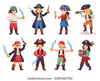 Kid pirate costumes. Child young pirates carnival costume, cartoon piratin fun character sea rover captain boy adventure sailor corsair girl buccaneer ingenious vector illustration of pirate carnival svg