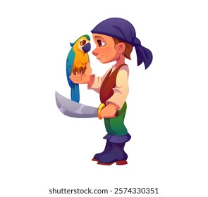 Kid pirate with parrot or boy in corsair party costume, vector cartoon character. Funny kid pirate or corsair and boatswain costume with sailor bandana, sword saber and Caribbean parrot on hand