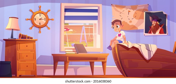 Kid in pirate style bedroom little boy on ship bed