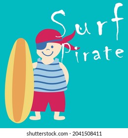 Kid pirate with surfboard and text