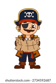Kid pirate with treasure map cartoon cheerful character. Corsair skipper cheerful character, kid sailor bandit happy isolated vector personage. Child pirate crew boatswain cute mascot in tricorn hat