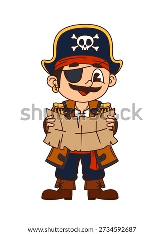 Kid pirate with treasure map cartoon cheerful character. Corsair skipper cheerful character, kid sailor bandit happy isolated vector personage. Child pirate crew boatswain cute mascot in tricorn hat