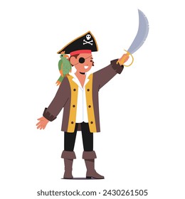 Kid Pirate Wearing Eye Patch, Boots and Tricorn Hat, Sword In Hand, Parrot Perched On Shoulder, Mischief In Eyes. Boy Character Ready To Explore The High Seas. Cartoon People Vector Illustration