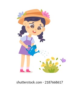 Kid planting spring or summer flowers in garden vector illustration. Cartoon isolated little girl in hat holding watering can to water plants, cute happy volunteer working with gardening tool