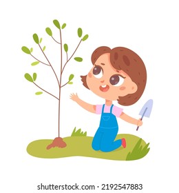 Ilustración vectorial de la plantación de árboles para niños. Caricatura aislada joven y feliz agricultor trabajando en un jardín de primavera o verano, niño sosteniendo una primicia en mano para plantar y cultivar plántulas en el suelo de un parque verde