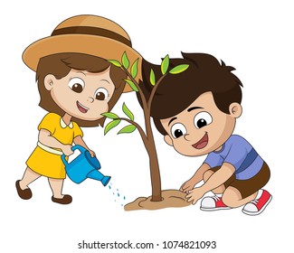 kid planting a tree.vector and illustration.