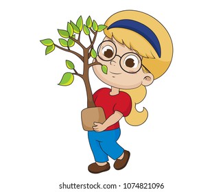 kid planting a tree.vector and illustration.