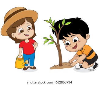 kid planting a tree.vector and illustration.