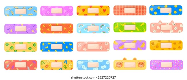 Kid plasters. Cute adhesive bandages for baby children first aid, colorful sterile plaster decoration elements medical patch funny sticky strip sticker neat vector illustration original artwork