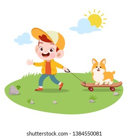 kid play with dog vector illustration