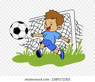 Kid play footbal outside. Vector