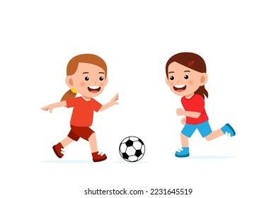 Kid play football together. Cute kid exercise vector illustration