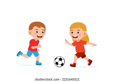 Kid play football together. Cute kid exercise vector illustration