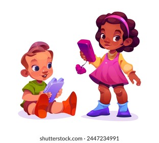 Kid play on phone. Child using smartphone for game. Boy addict with mobile device. Happy girl watching social media online on cellphone clipart set. Isolated gamer character with electronic tablet