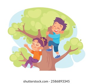 Kid Play on Tree in the Yard Vector Illustration