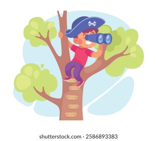 Kid Play on Tree in the Yard Vector Illustration