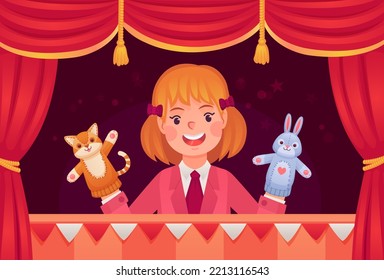 Kid play sock puppets. Happy preschool child playing hand puppet toy, school doll show theater, little preschooler in glove of dummy animal face toys, vector illustration of entertainment puppet show