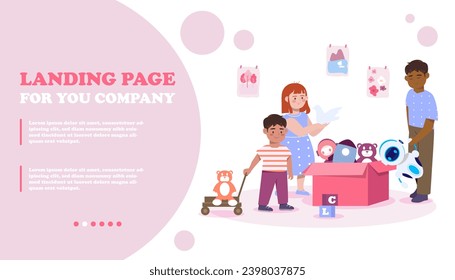 Kid play with toys concept. Landing page design. Children near pink box with rocket and teddy bear. Fun and l eisure together, entertainment in childroom. Cartoon flat vector illustration