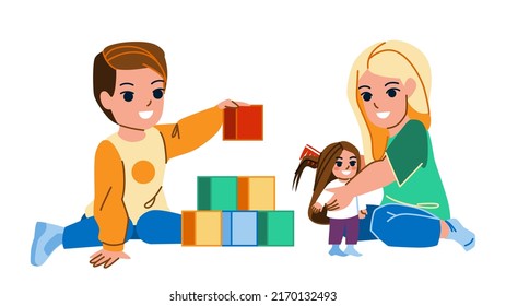 kid play toys vector. child home room, little game, baby fun, toddler floor indoor kid play toys character. people flat cartoon illustration