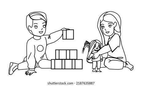 kid play toys vector. child home room, little game, baby fun, toddler floor indoor kid play toys character. people black line pencil drawing vector illustration
