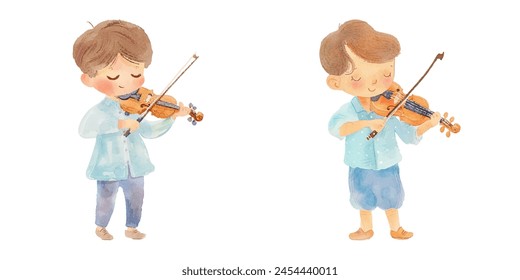 kid play violin watercolor vector illustration 