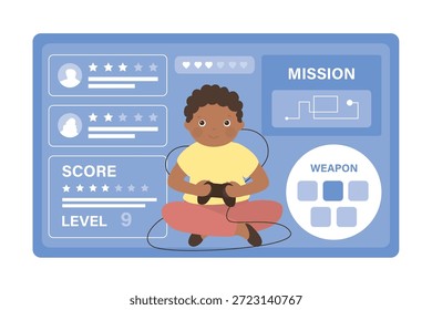 Jugador del niño sostiene el joystick. Video Proceso de juego. Jugabilidad, menú en pantalla. Tecnología en PC o consola. Juegos, Anuncio conceptual. Videojuego en pantalla. Ilustración vectorial plana