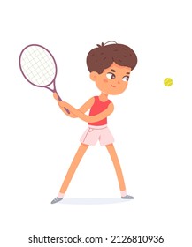 Kid player playing tennis with racket and ball on school court vector illustration. Cartoon fun outdoor recreation, match of boy athlete isolated on white. Healthy activity, sport concept