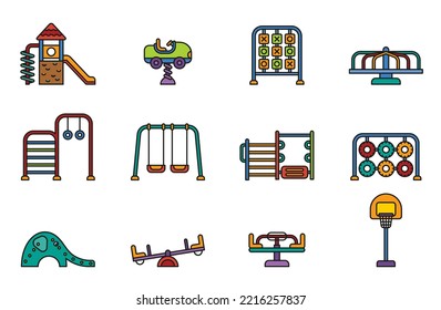 Kid playground colored outline icon set 1. Play area children stock vector.