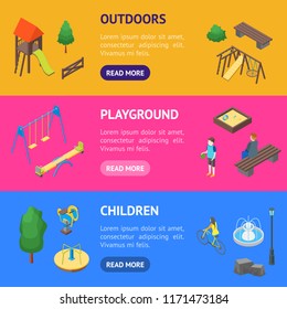 Kid Playground Elements 3d Banner Horizontal Set Isometric View Include of Swing, Toy, Sandbox, Seesaw, Ladder and Carousel. Vector illustration