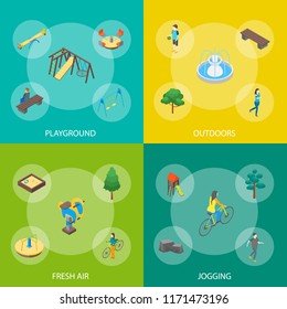 Kid Playground Elements 3d Banner Set Isometric View Include of Swing, Toy, Sandbox, Seesaw, Ladder and Carousel. Vector illustration