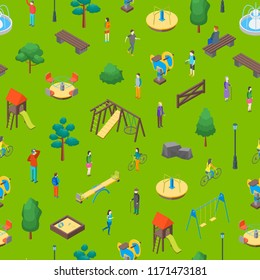 Kid Playground Elements 3d Seamless Pattern Background Isometric View Include of Swing, Toy, Sandbox, Seesaw, Ladder and Carousel. Vector illustration