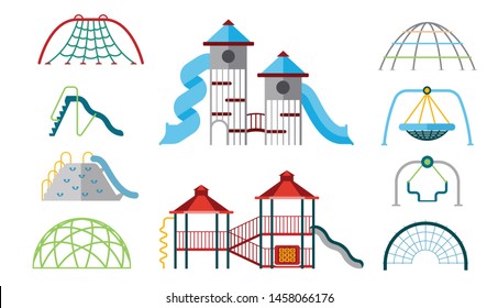 Kid playground equipment flat icons. Vector icon set with different types of elements on the playground. 