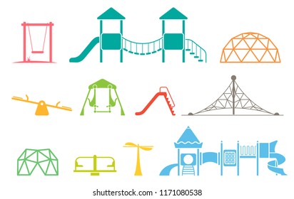 Kid playground equipment icons. Icon set with different types of elements on the playground. 
