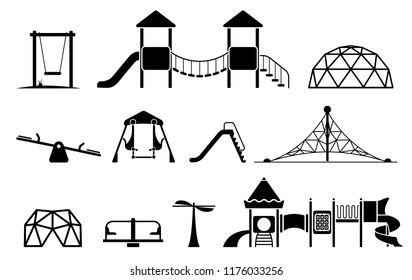 Kid playground equipment icons. Icon set with different types of elements on the playground. 