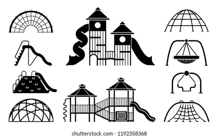 Kid playground equipment icons. Icon set with different types of elements on the playground. 