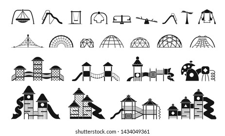 Kid playground equipment icons. Icon set with different types of elements on the playground. 