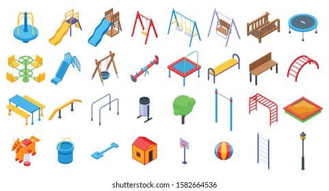 Kid playground icons set. Isometric set of kid playground vector icons for web design isolated on white background