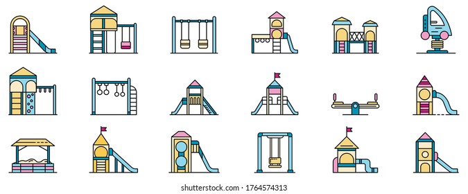 Kid playground icons set. Outline set of kid playground vector icons thin line color flat isolated on white