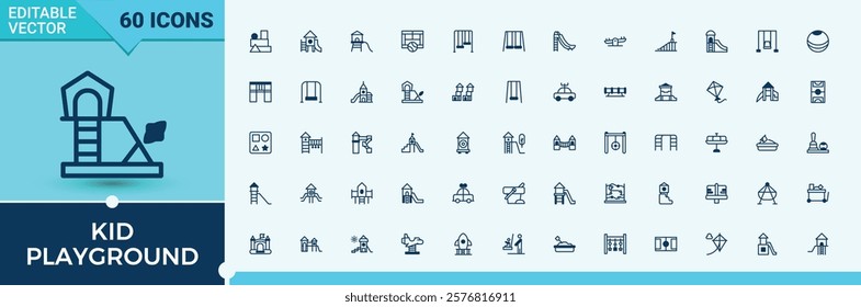 Kid Playground linear icon collection. Containing app, rope, ground, playing, pool, ball, silhouette and more. Minimal icons. Solid line editable stroke. Vector line and solid icons.