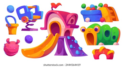 Equipo de parque infantil. Conjunto de Ilustración vectorial de dibujos animados de materiales de diversión de jardín de infantes o patio público brillante - tobogán y túnel, piscina con bolas suaves, cubo de arena y columpio hinchable del coche.